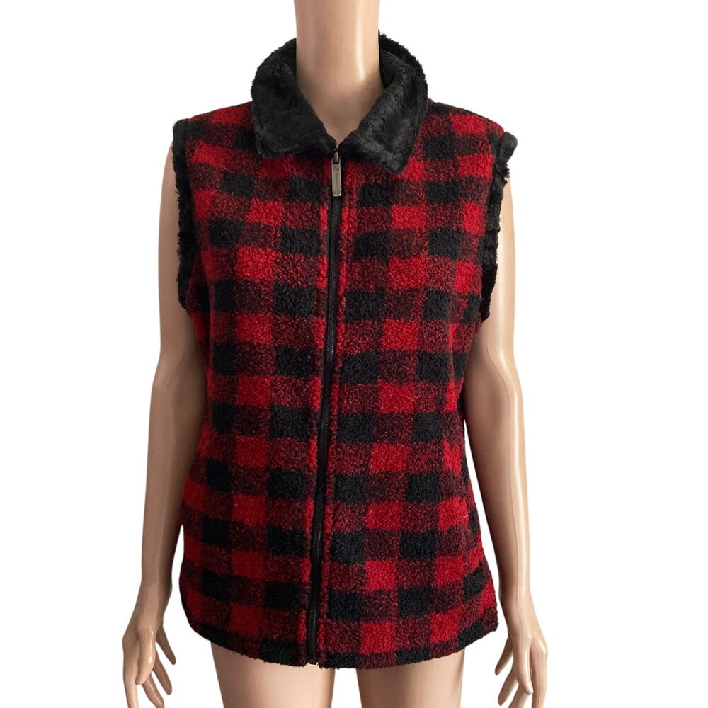Woolrich Vest Womens Medium Tartan Black Red Plaid Faux Fur Collar - Picture 11 of 11